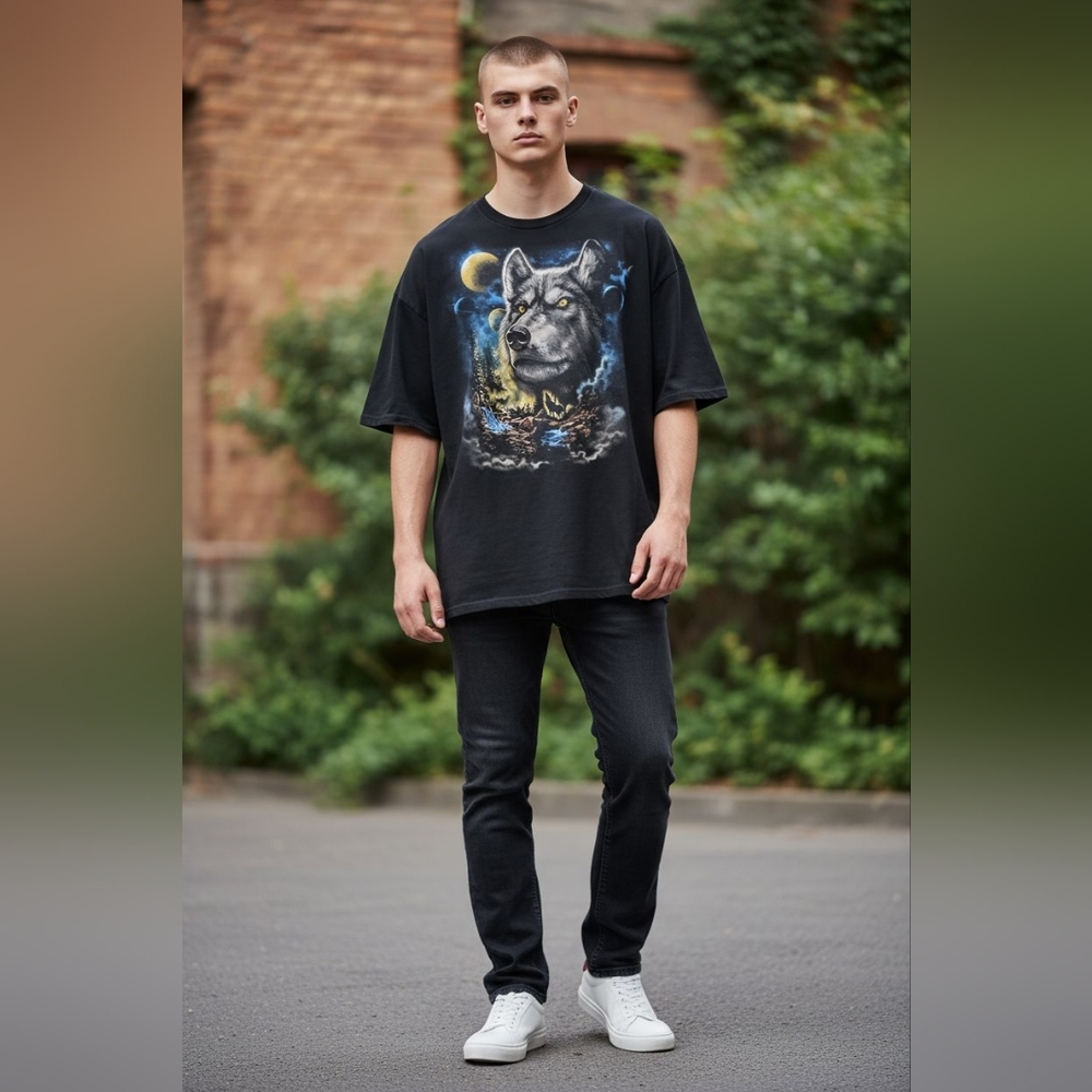 DOM Wolf Pack Night Unisex Graphic T-shirt Size 3XL Black Wolves